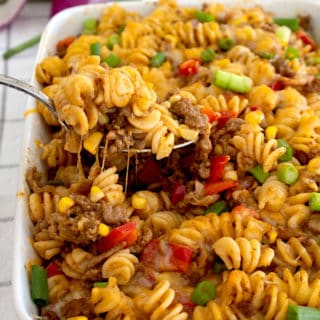 taco pasta in a white casserole dish