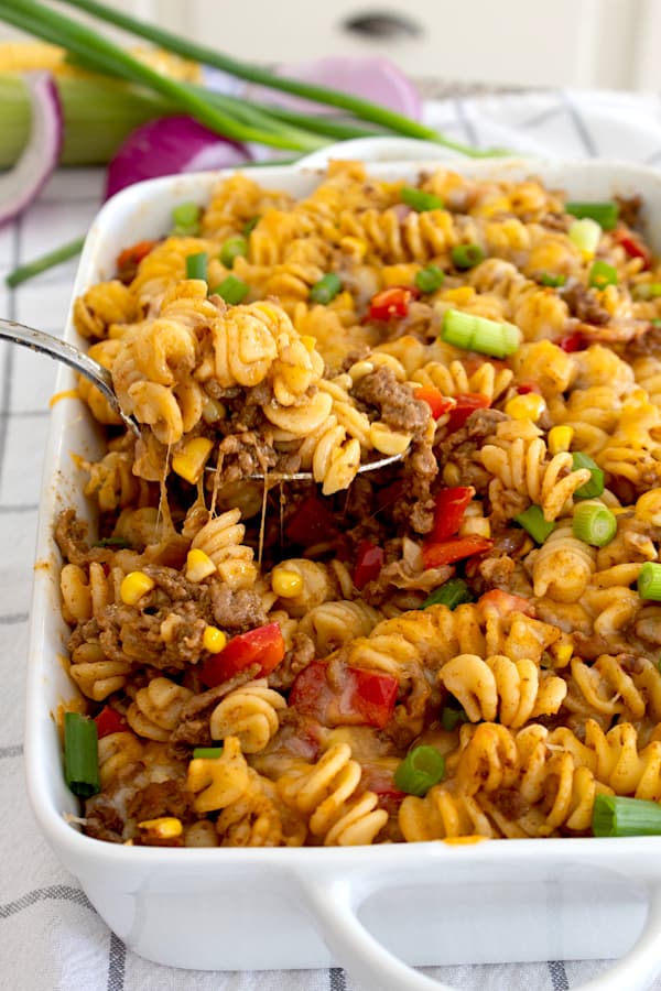 taco pasta in a white casserole dish