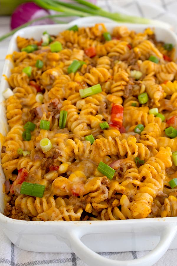 taco pasta in white casserole dish