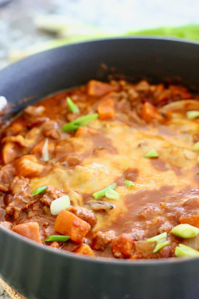 Chili with sweet potatoes in a large pot