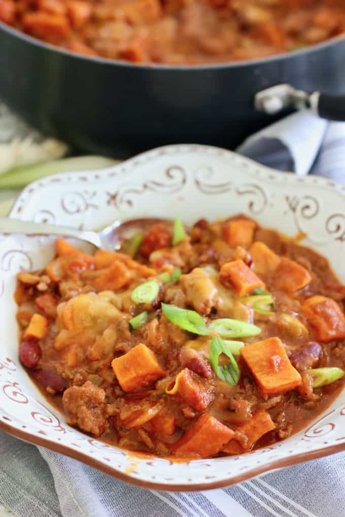 Chili with Sweet Potatoes in a white bowl