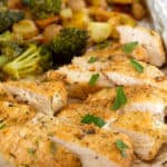 sheet pan with chicken potatoes and broccoli