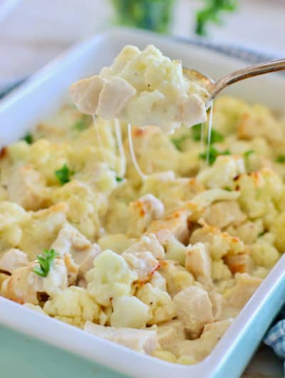 cauliflower casserole in a white baking dish
