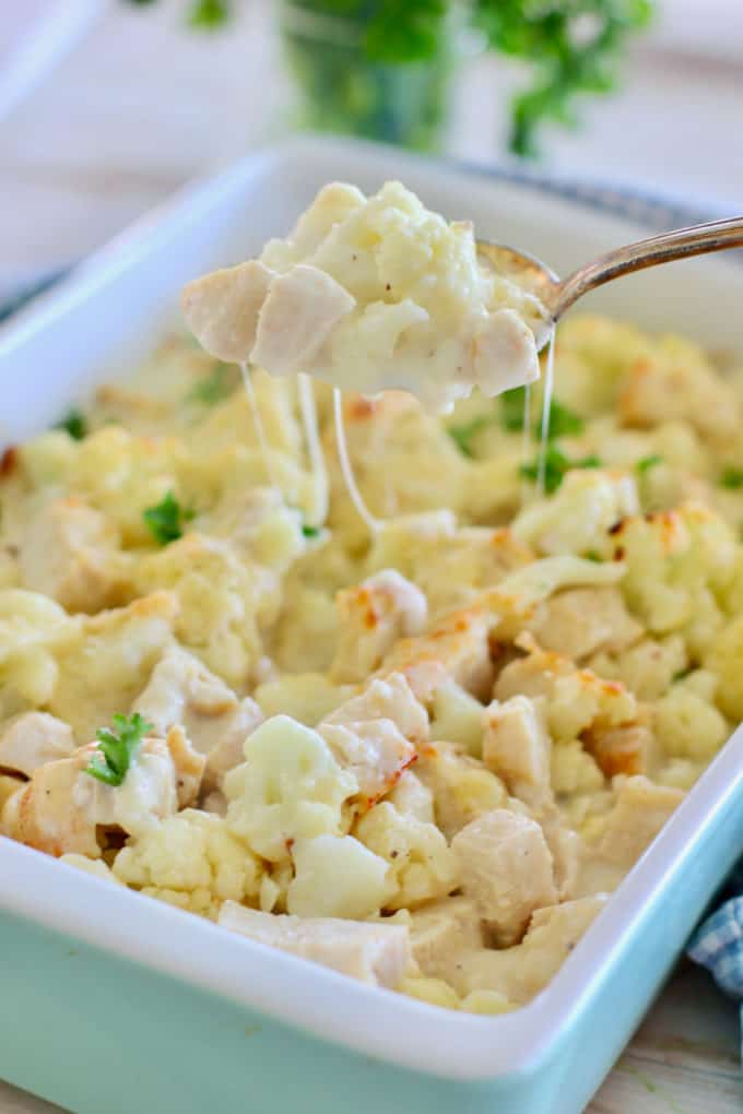 cauliflower casserole in a white baking dish