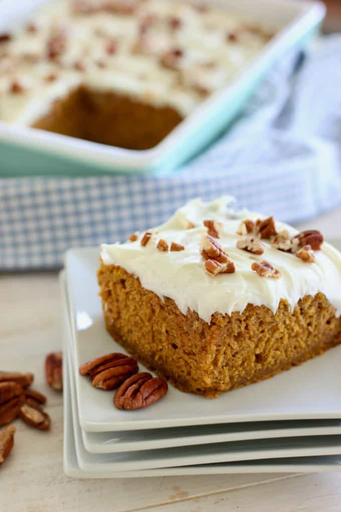 slice of pumpkin cake on a white plate