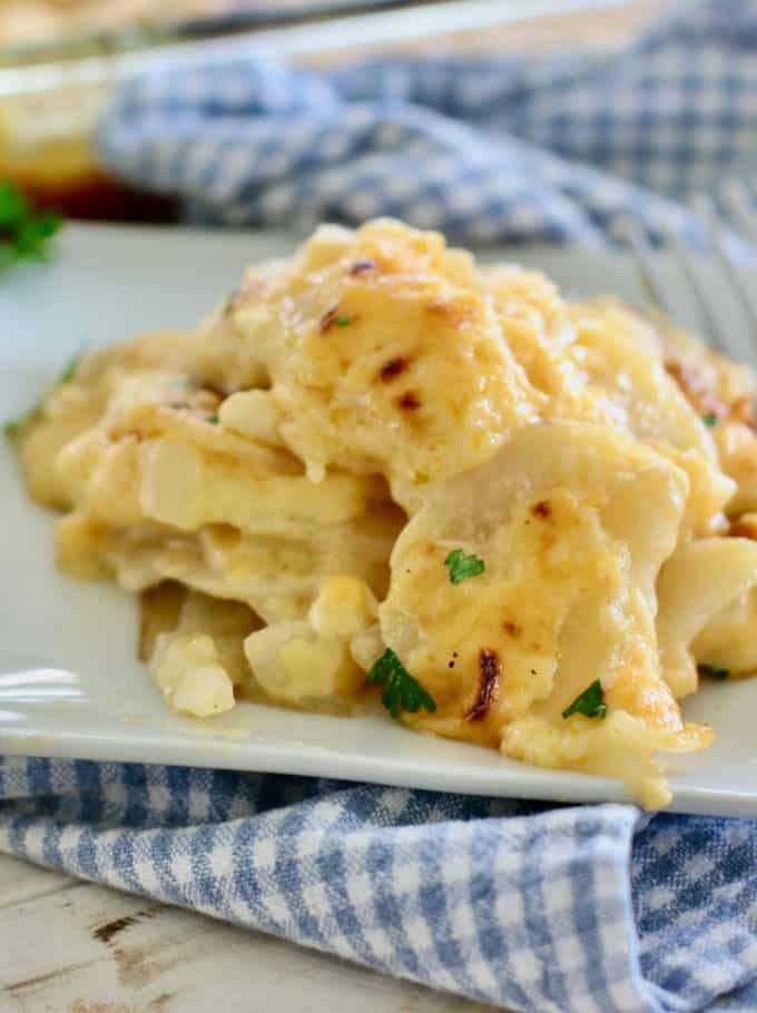 scalloped potatoes on a white plate