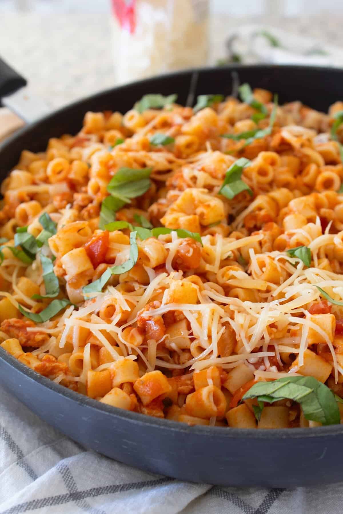 overhead view of pasta with ground chicken in a pan