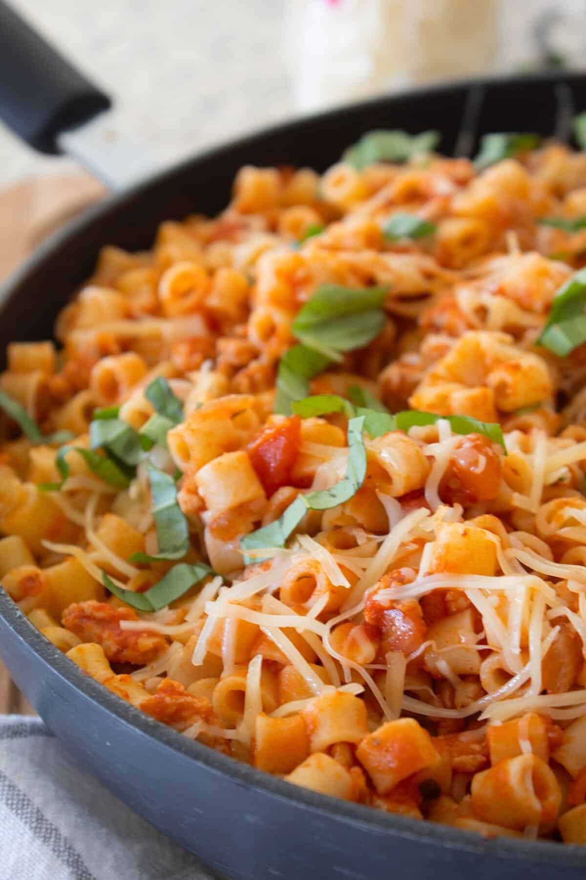 close up of ground chicken skillet in a pan