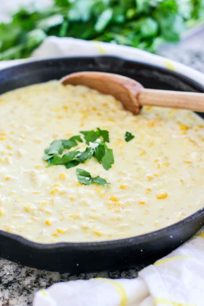 Creamed Corn in cast iron skillet