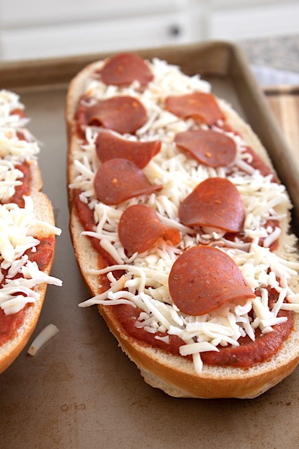 pepperoni French bread pizza about to go in oven