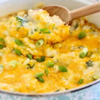 Chicken and Rice Casserole in a blue pan ready to serve