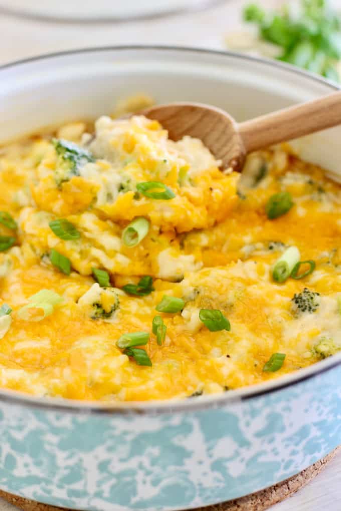 Chicken and Rice Casserole in a blue pan ready to serve