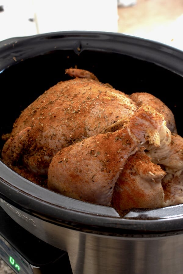 raw chicken whole in slow cooker with spices and herbs rubbed on it