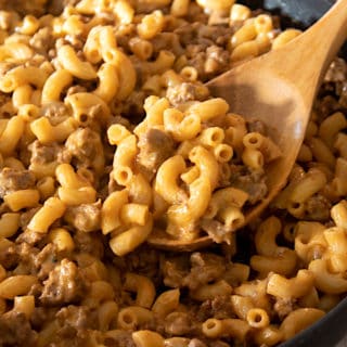 homemade hamburger helper with wooden spoon