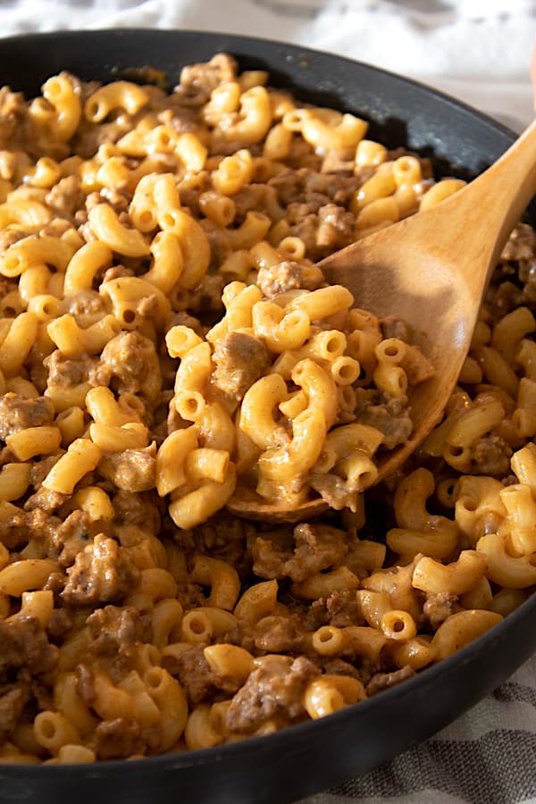 homemade hamburger helper with wooden spoon