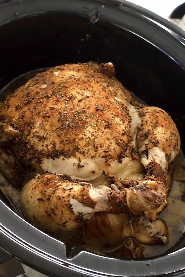 whole chicken in slow cooker after cooking