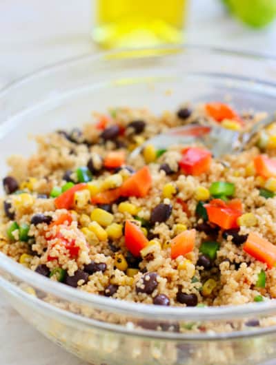 Couscous Salad with black beans in a clear bowl