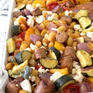 overhead view of sheet pan gnocchi