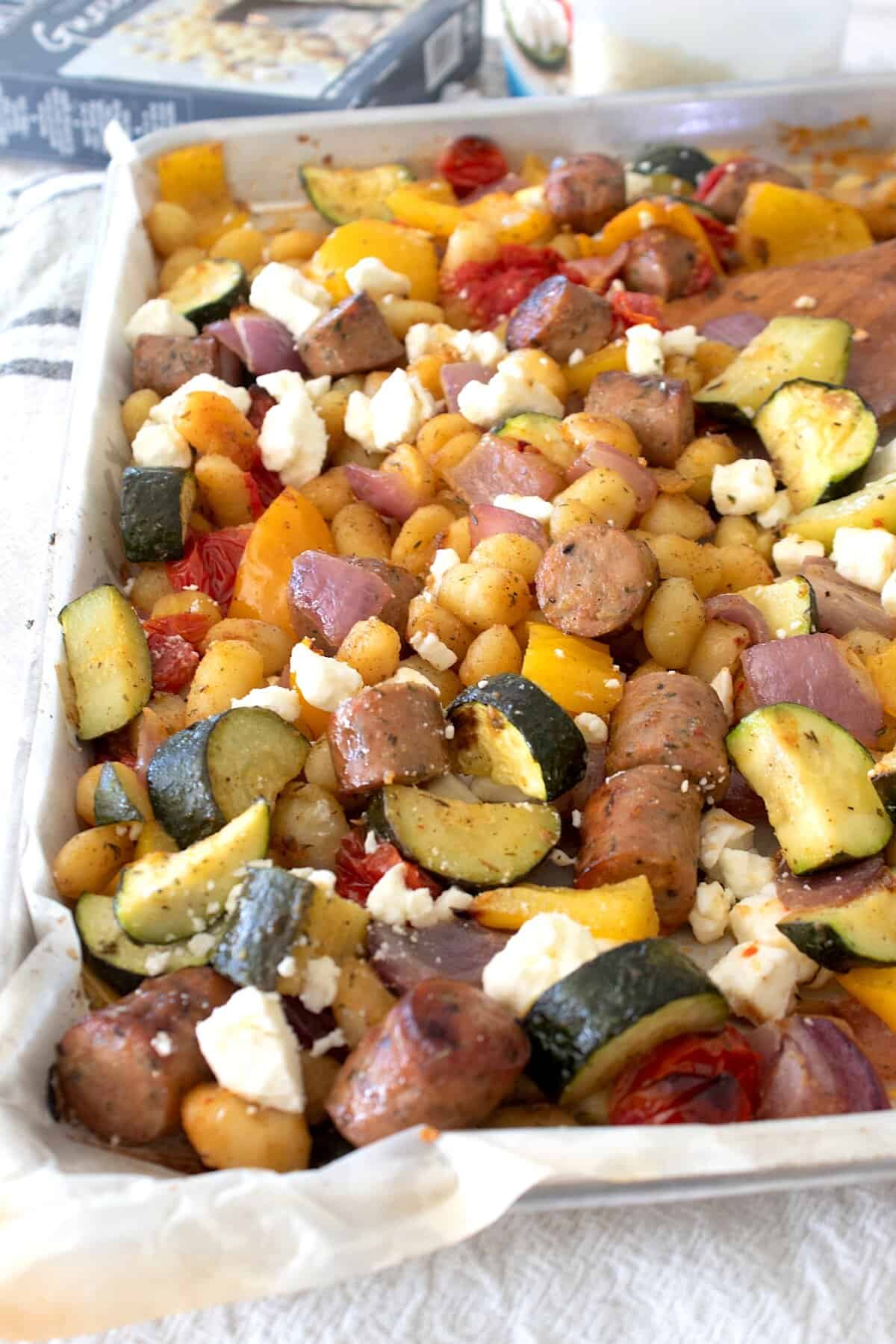 overhead view of sheet pan gnocchi