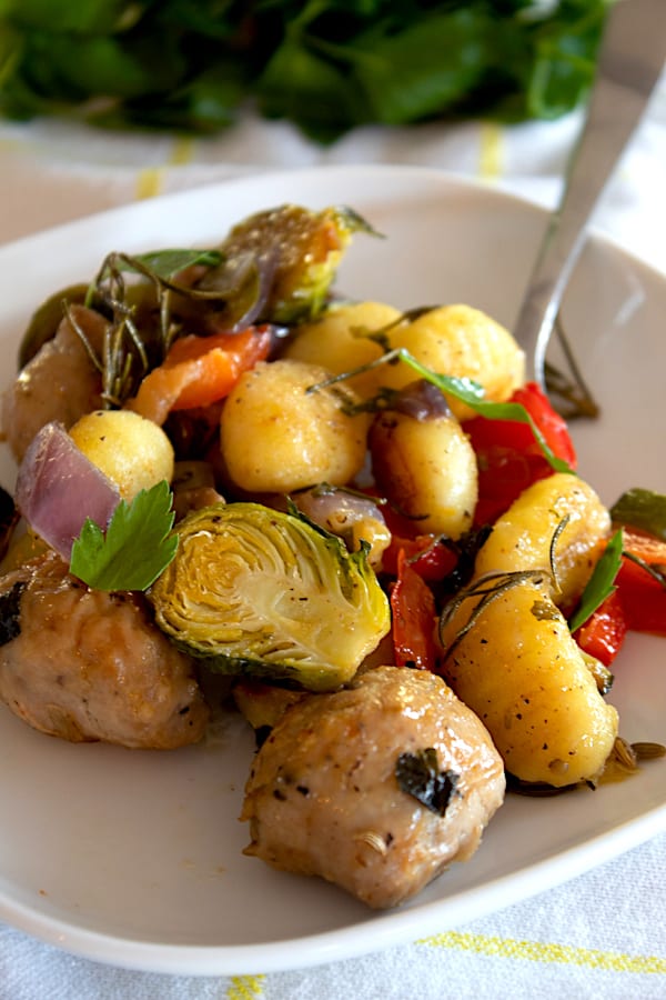 plate of sheet pan gnocchi dinner