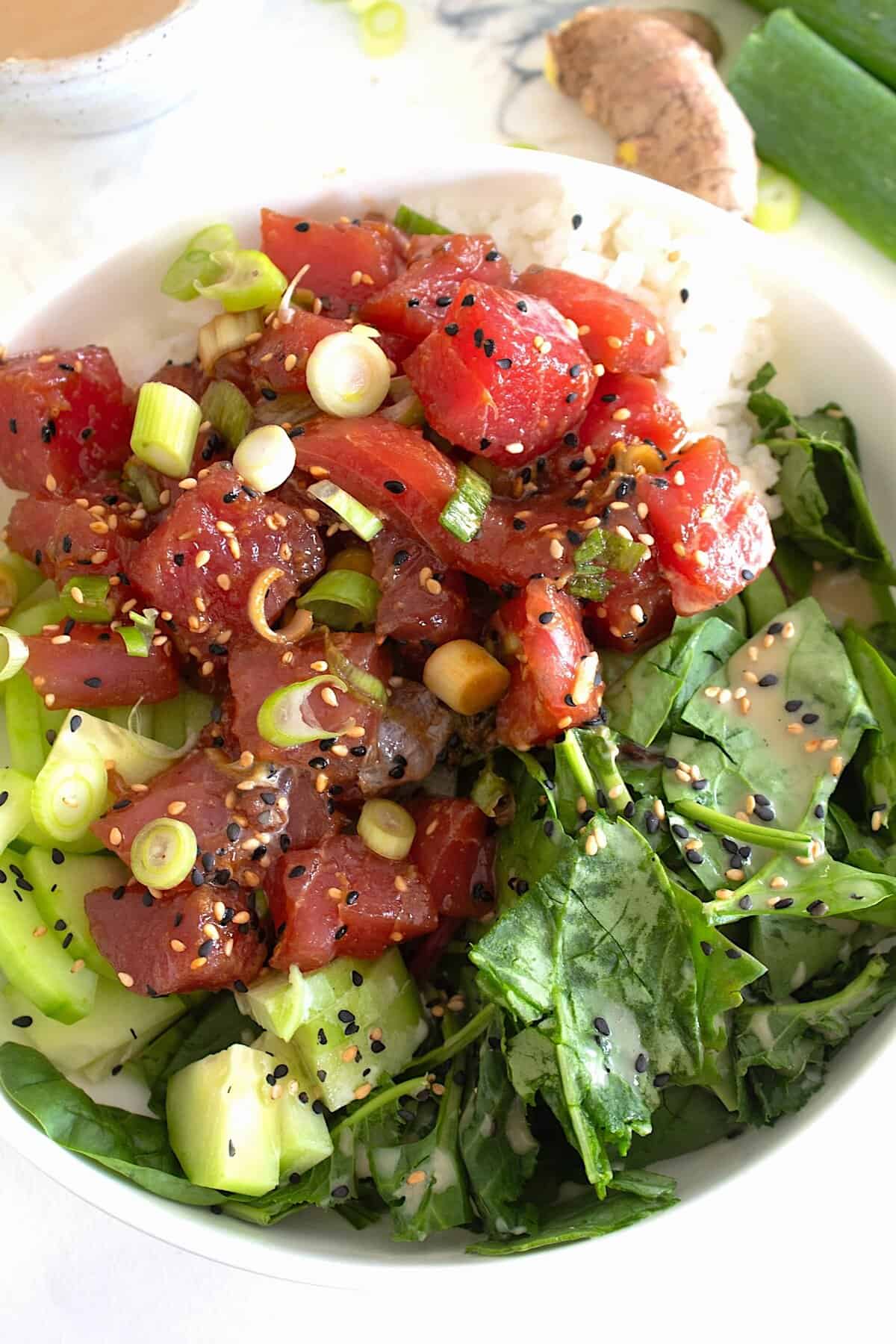 overhead view of poke bowl