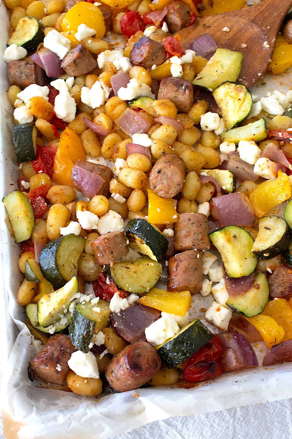 overhead view of sheet pan gnocchi