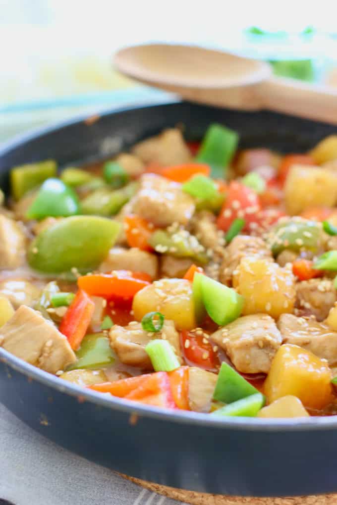 pork in skillet with veggies