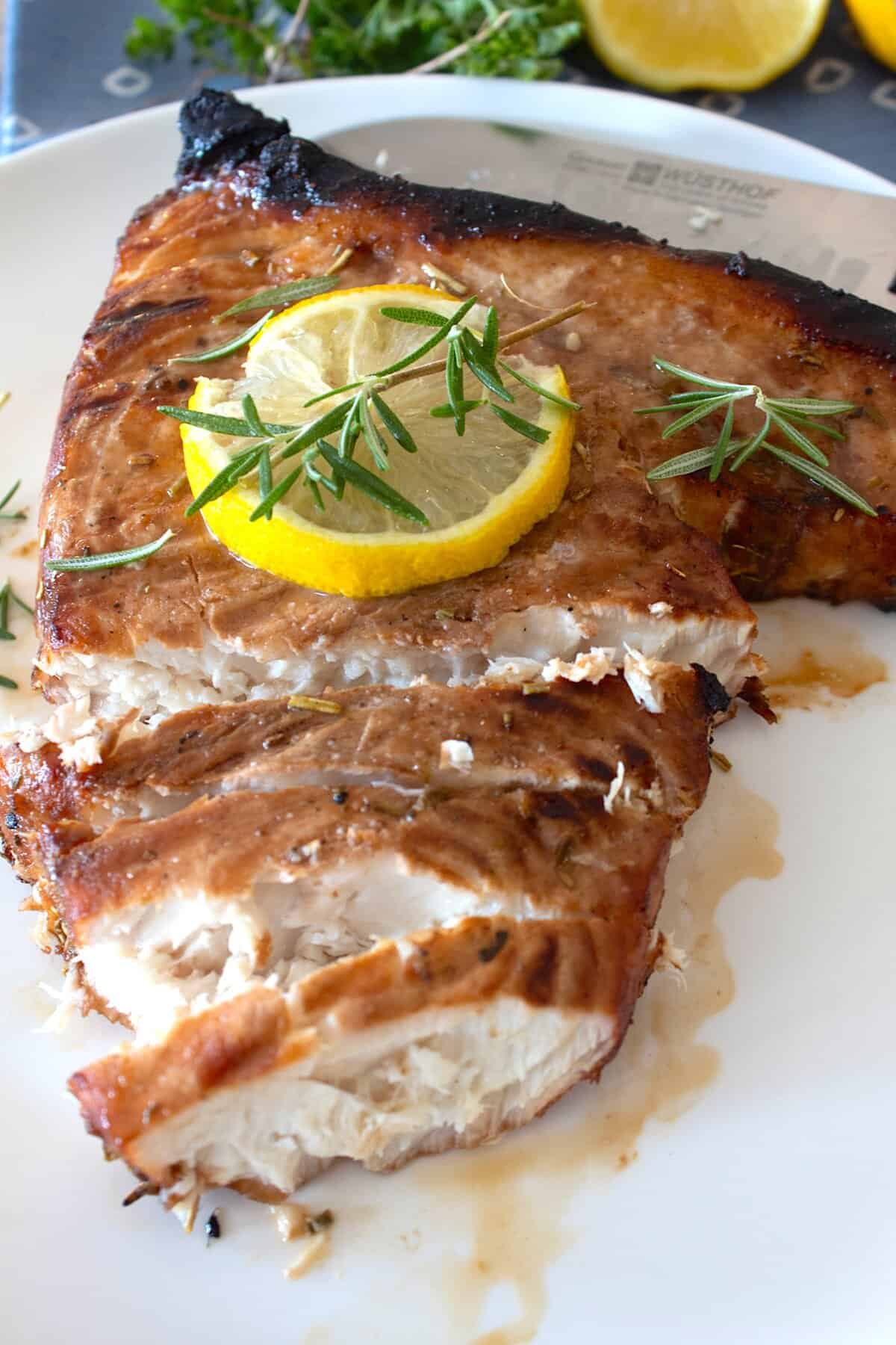 overhead view of sliced swordfish