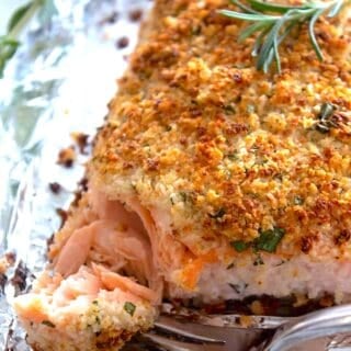 panko crusted salmon on a foil pan
