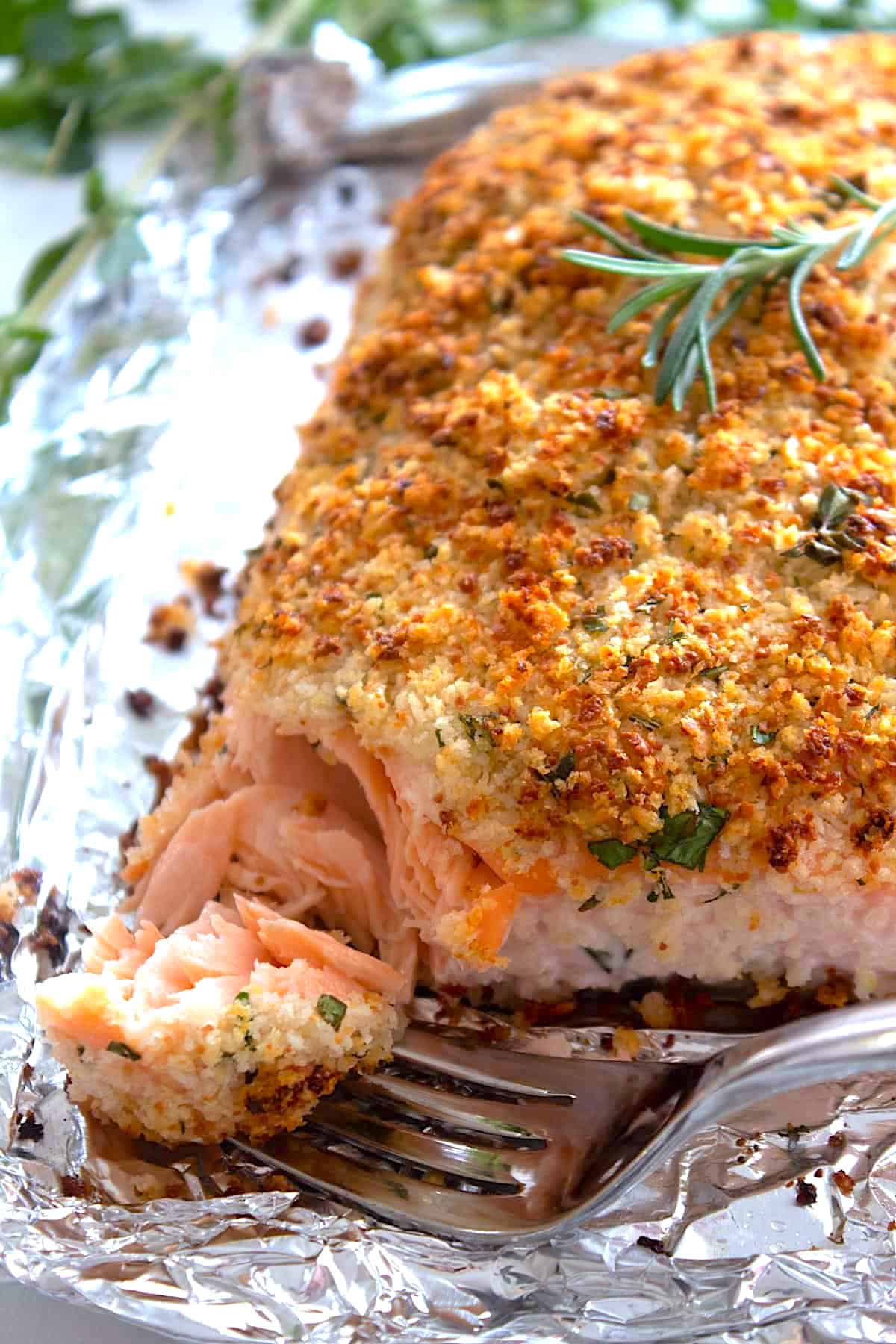 panko crusted salmon on a foil pan