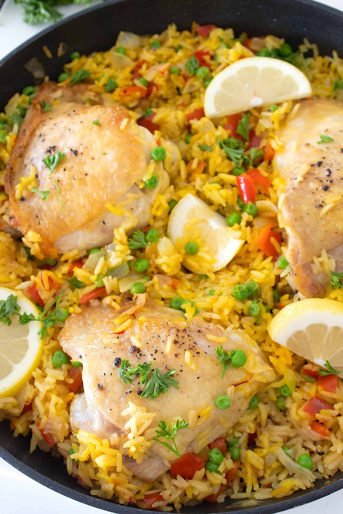 overhead view of Spanish chicken and rice
