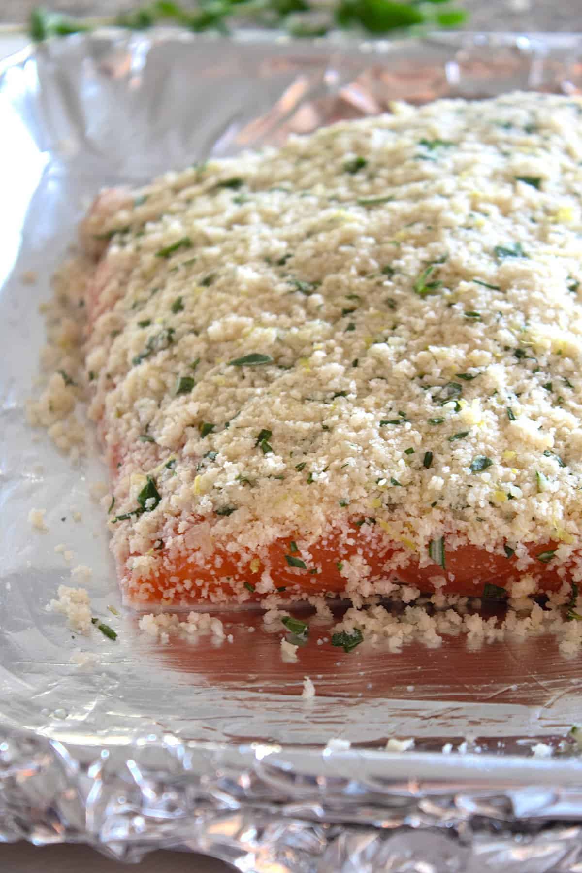 panko crusted salmon on a sheet pan