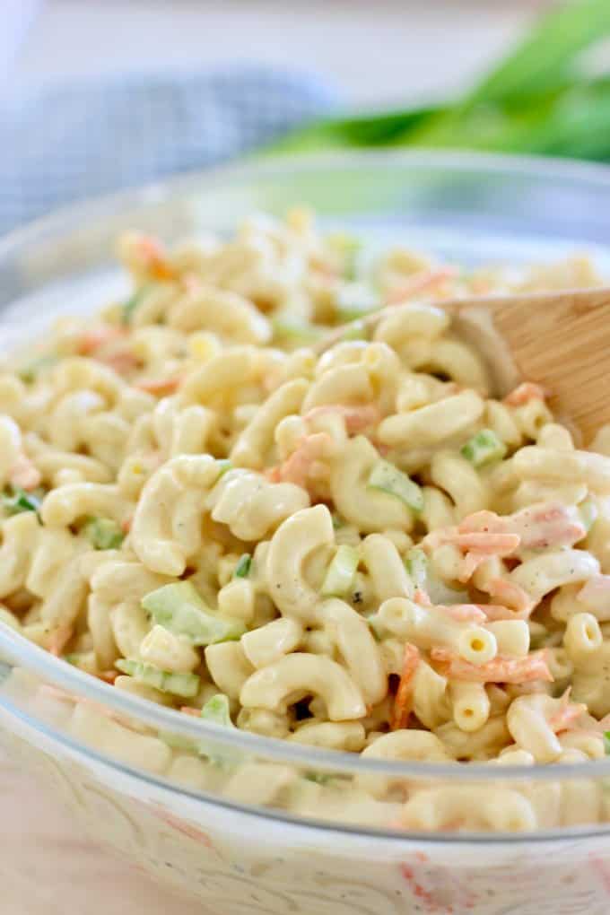 Hawaiian Macaroni salad in a clear glass bowl