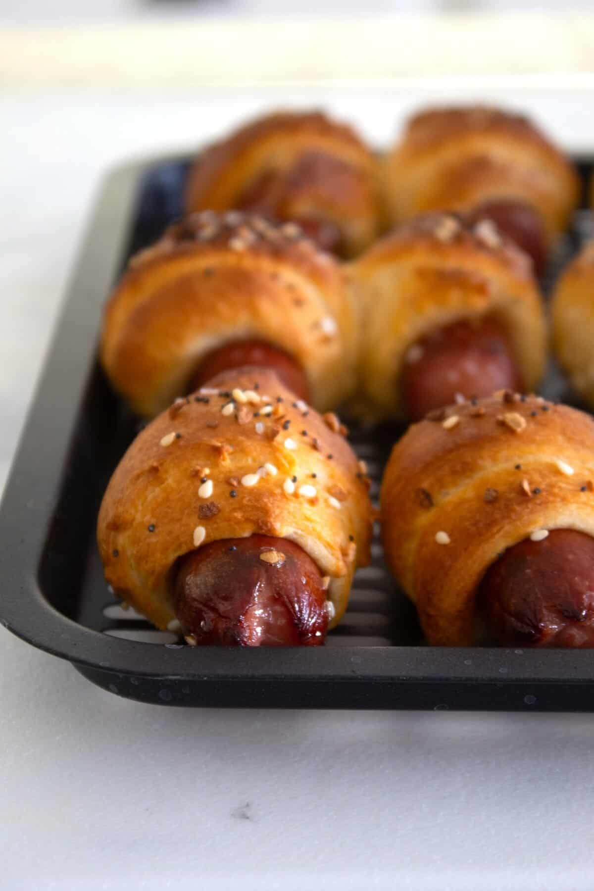 air fryer pigs in a blanket on a tray