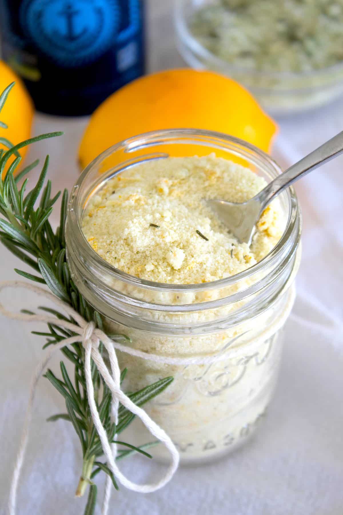 overhead view of lemon salt in a mason jar