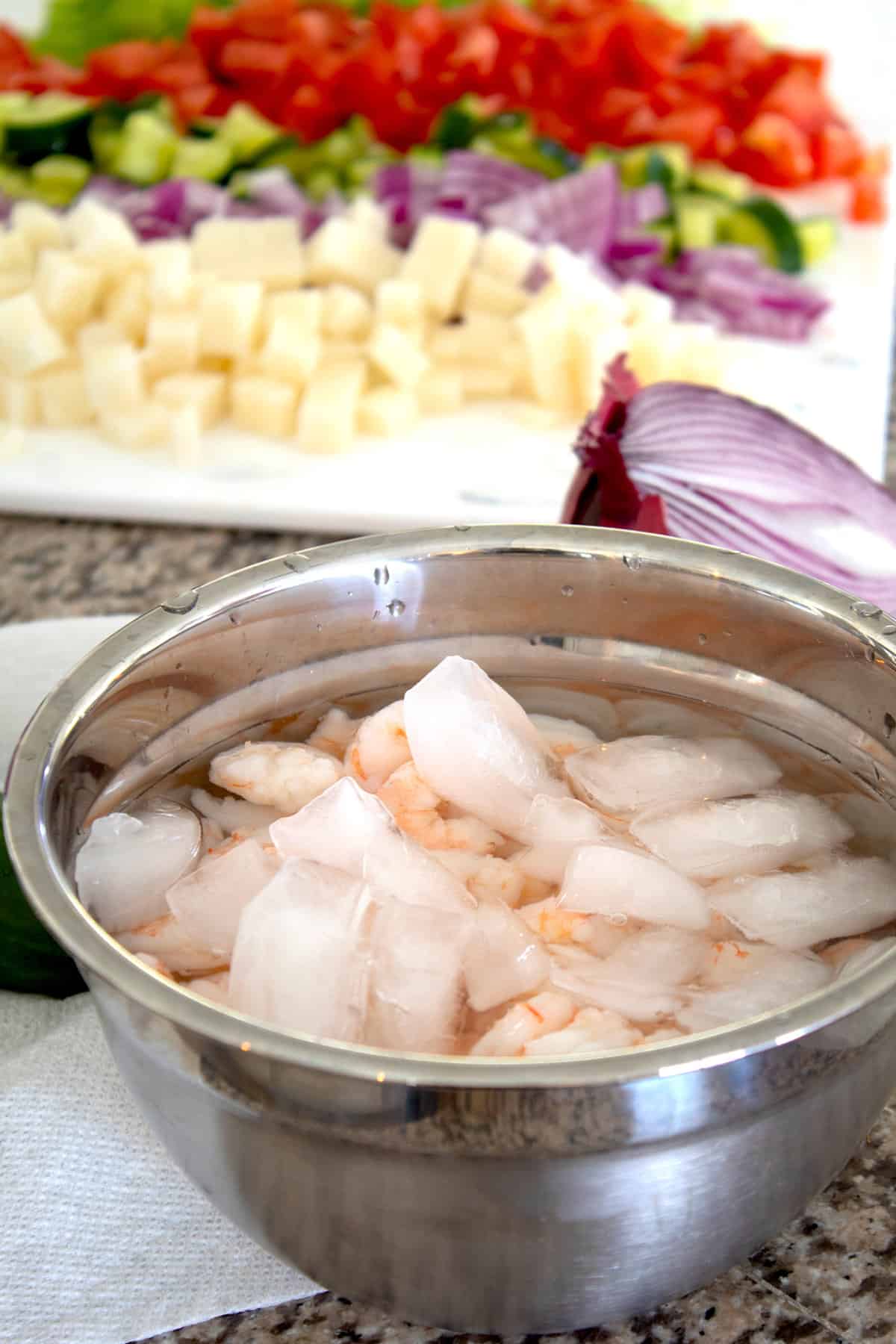 cooling shrimp in ice bath