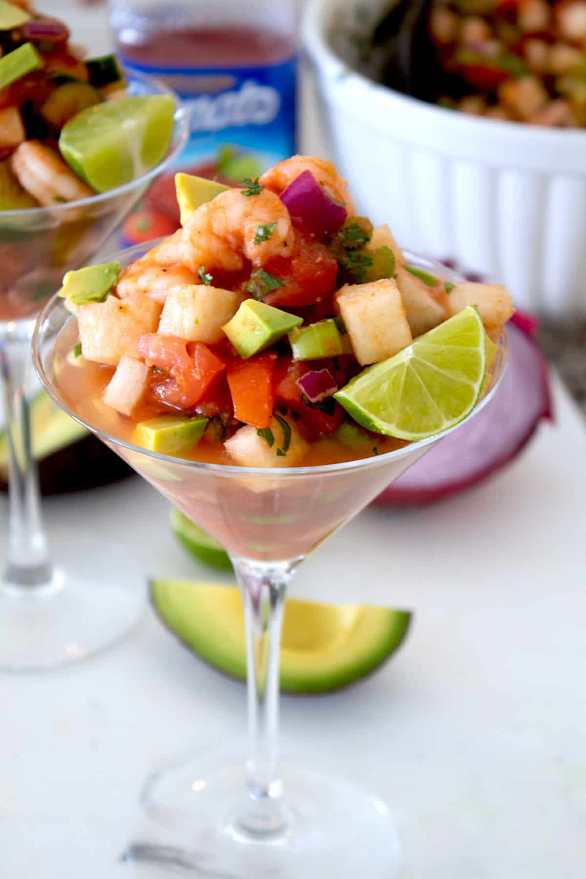 overhead view of Mexican shrimp cocktail in martini glass