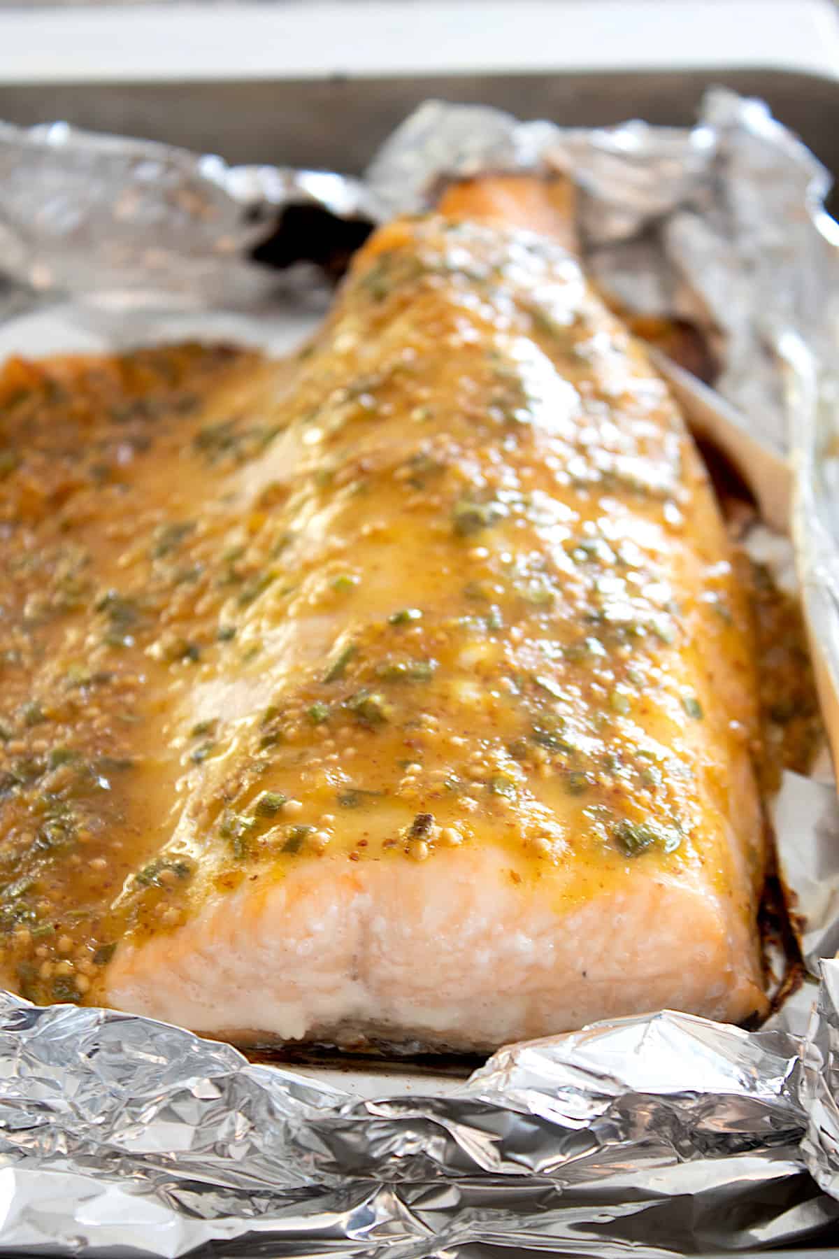 honey mustard salmon filet fresh out of oven