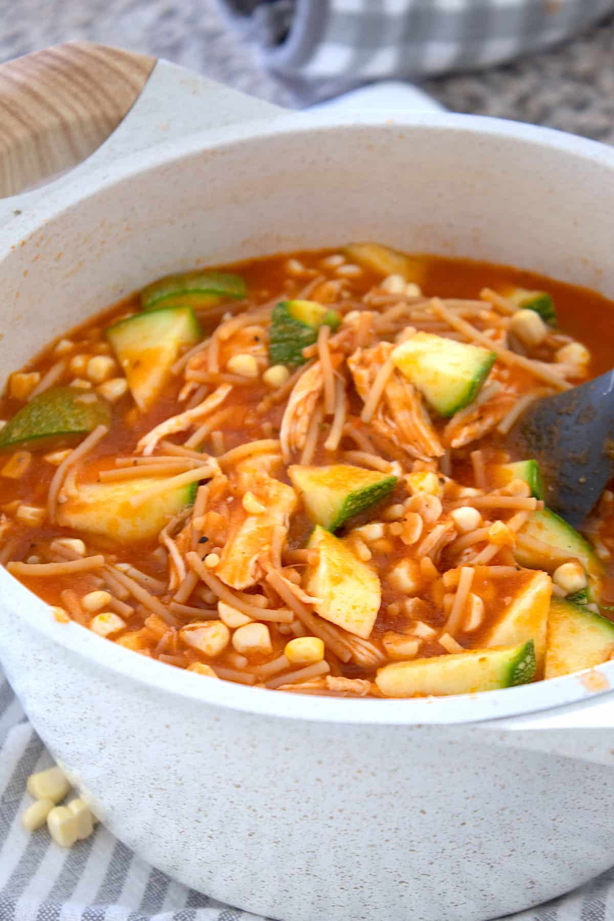 a pot of cooked sopa de fideo 