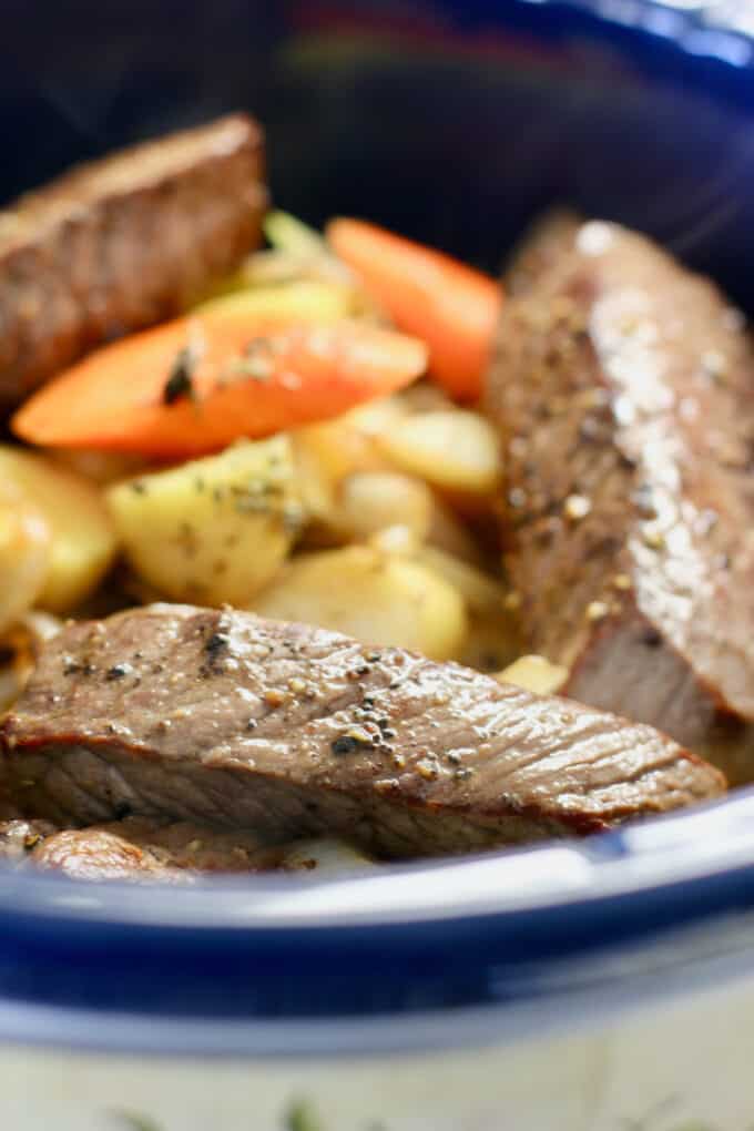 stew ingredients cooked in slow cooker