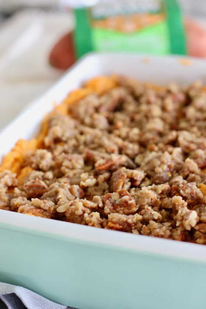 pecan crumbles on sweet potato casserole