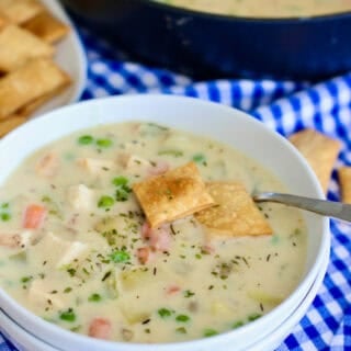 Soup made from leftover chicken or turkey in a bowl.