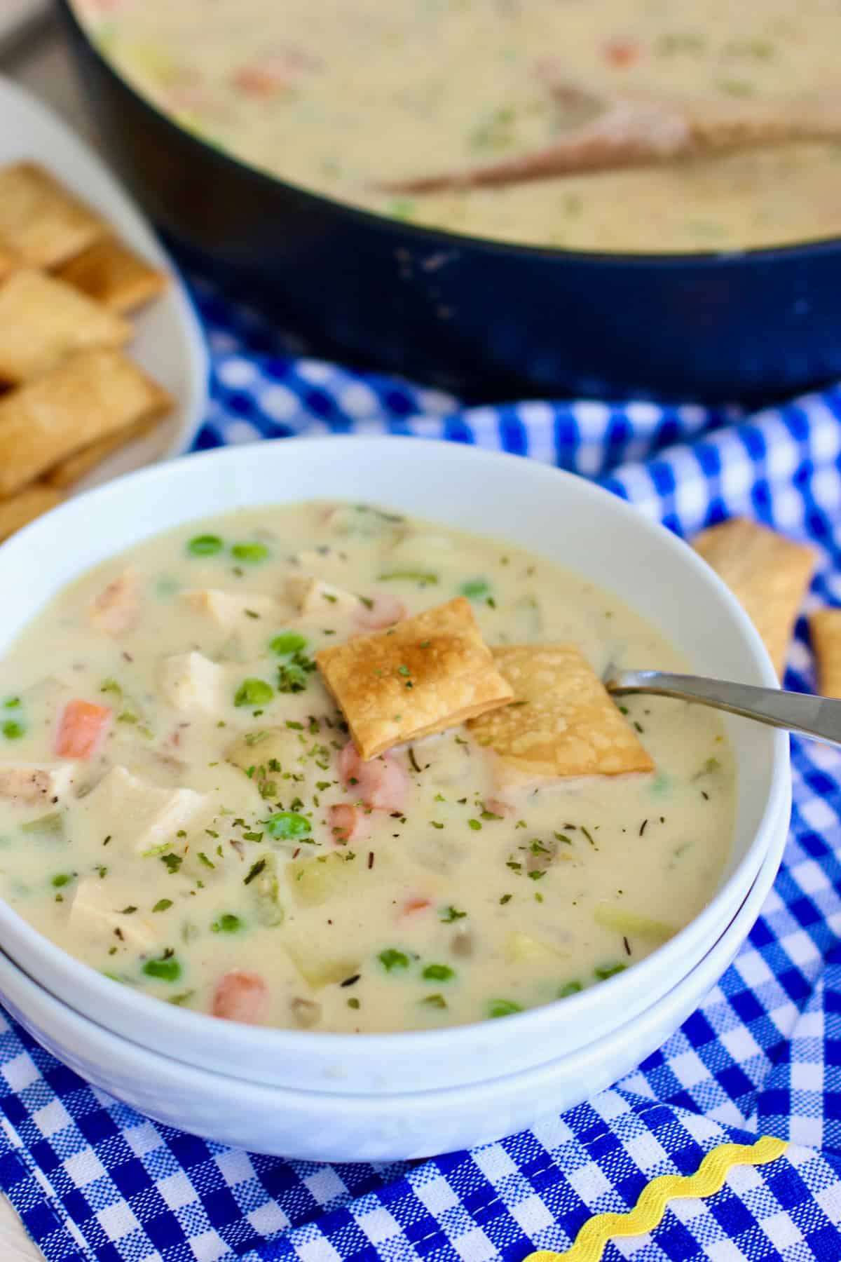 Soup made from leftover chicken or turkey in a bowl.