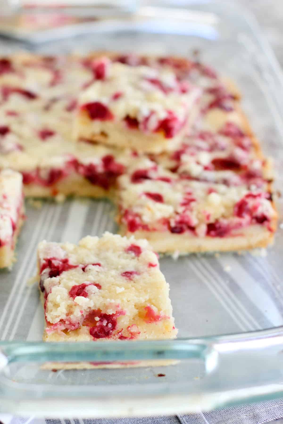 cranberry bars in a glass pan