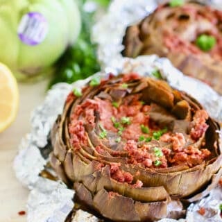 Artichokes stuffed with Chorizo in foil packet