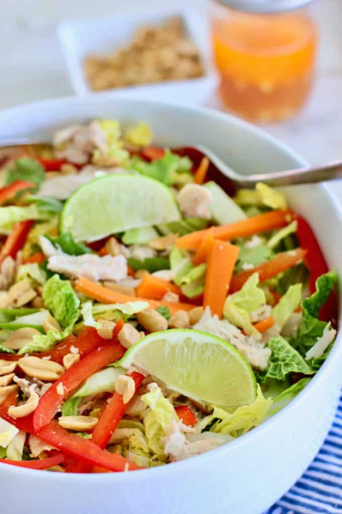 Napa cabbage salad in a white salad bowl