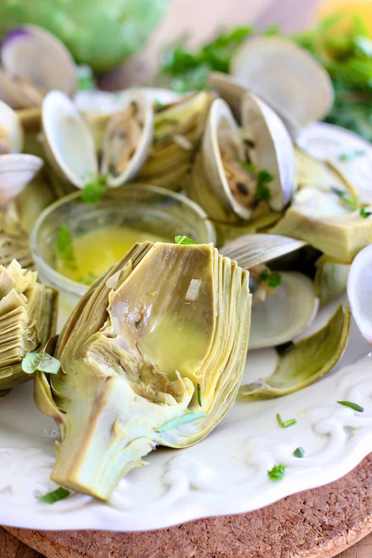 Steamed artichokes and clams
