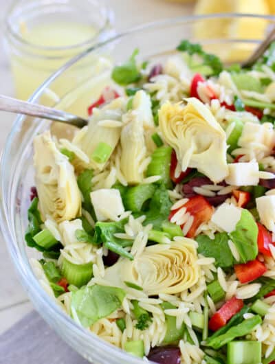 Greek Orzo Salad ready to serve.