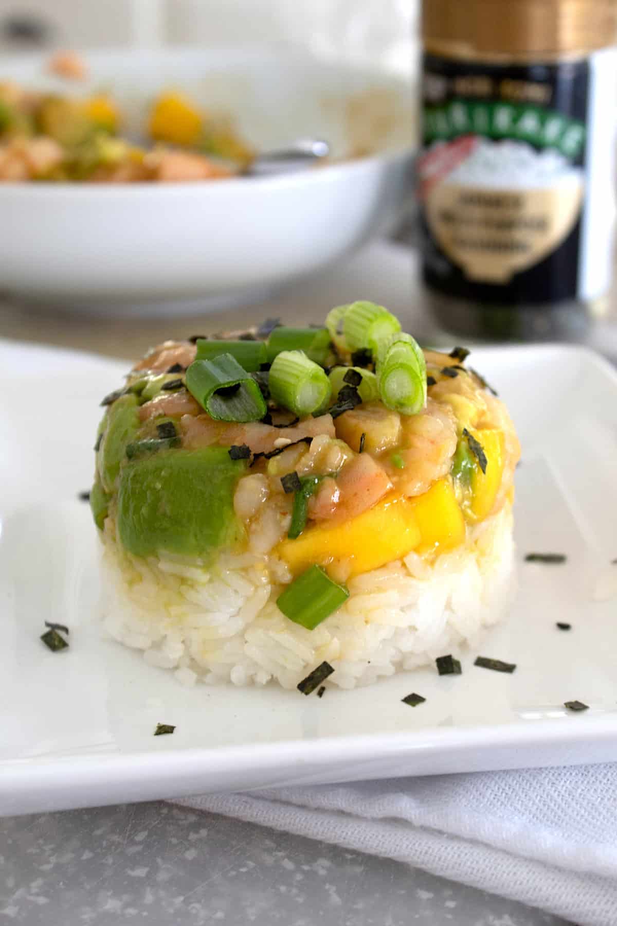 photo of shrimp stack with mango and furikake