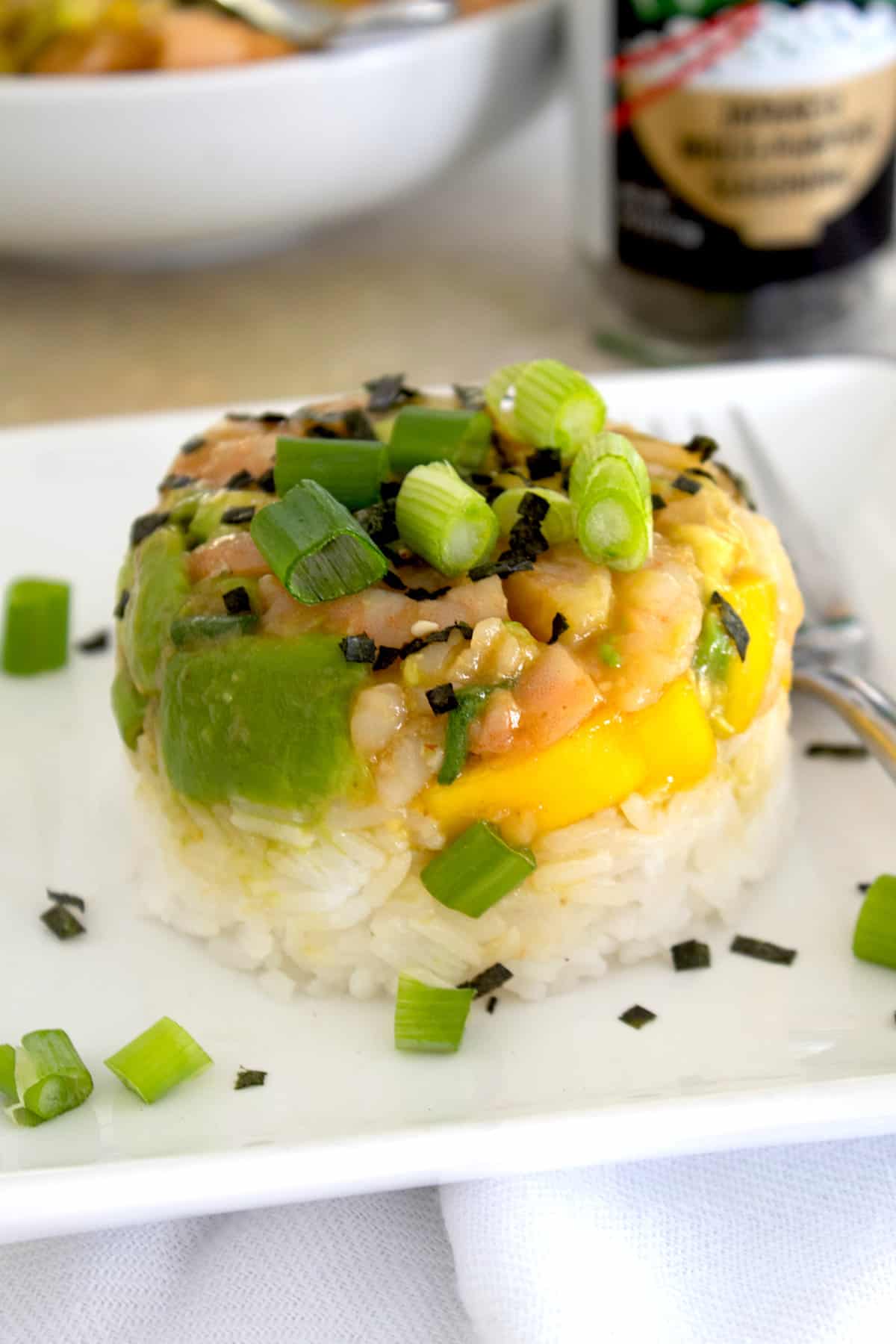 shrimp stack with furikake sprinkles